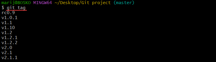 Listing Git tags in a repository.