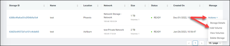 Network file storage actions add volume