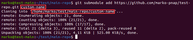 Adding a submodule with a custom path to a repository in Git.