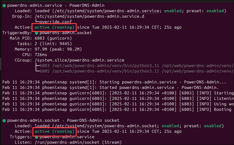 The PowerDNS service is enabled and running.