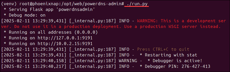 Powerdns admin local run terminal output.