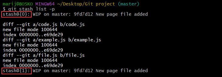 Viewing the diffs for each stash in the Git stash history.