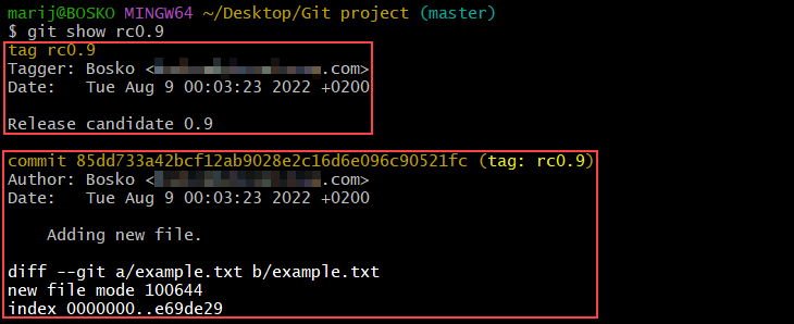 Showing tag and commit details in Git.