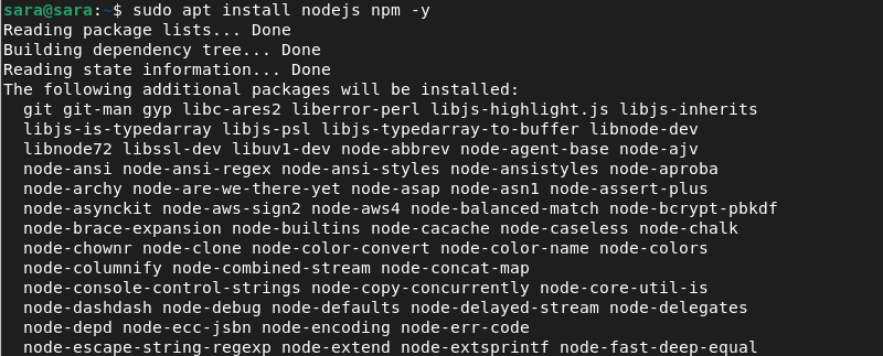 sudo apt install Node.js NPM -y terminal output