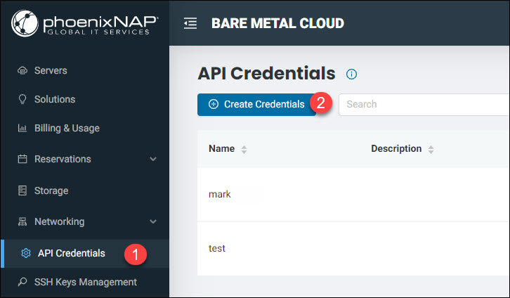 Creating credentials on the API Credentials page