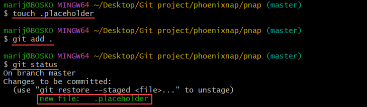 Creating and staging a placeholder file in Git.