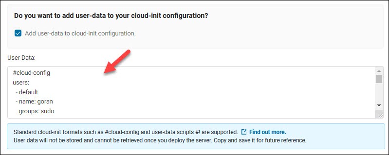 The field for adding cloud-init script content