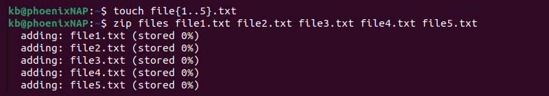 Create and zip files terminal output