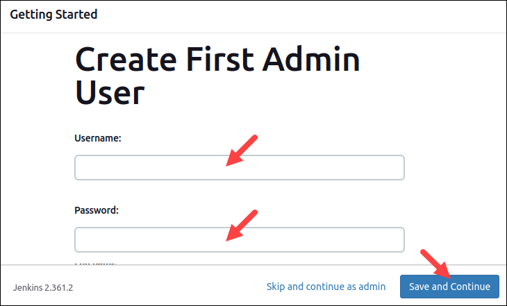 Creating the first admin user in Jenkins.