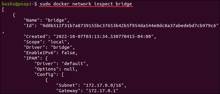 Viewing a network's details in Docker.