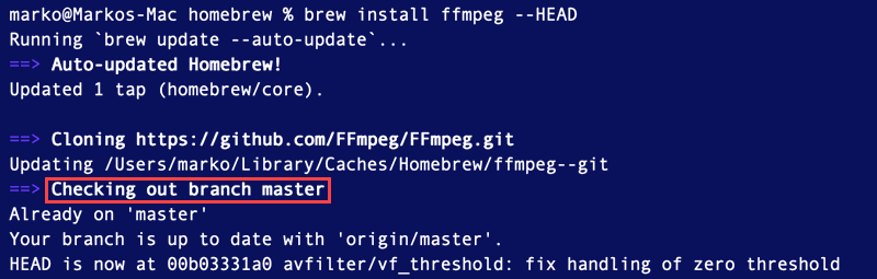 Installing FFmpeg with the Git master branch using Homebrew.