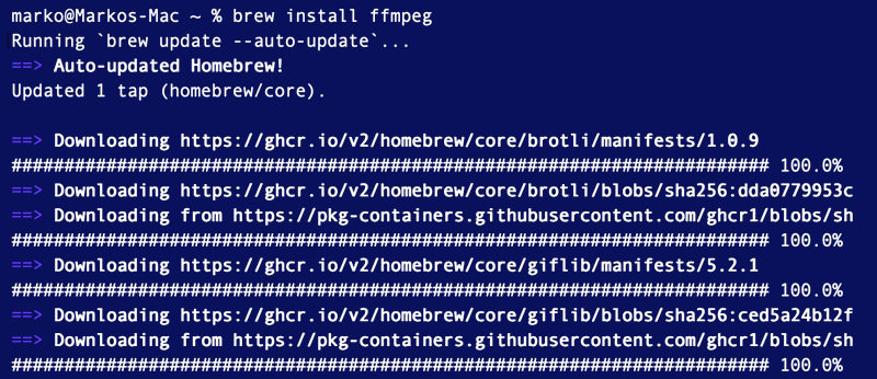 Installing ffmpeg with Homebrew.