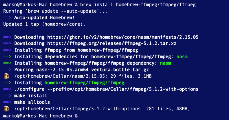 Installing FFmpeg from a third party repository in Homebrew.
