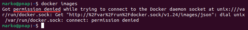 A screenshot of the Permission Denied error upon the execution of the docker images command.