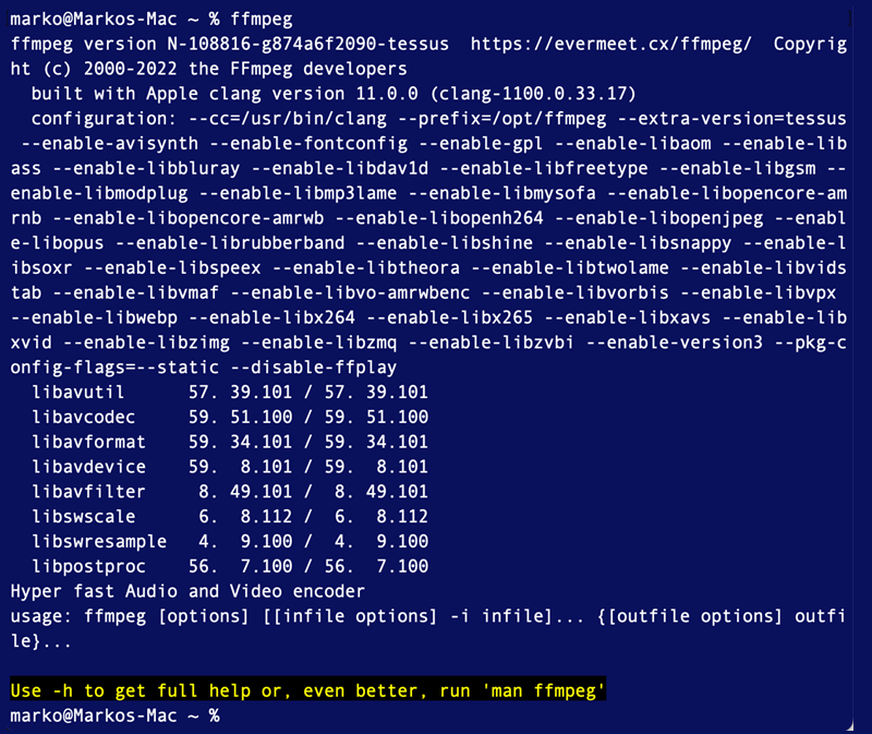 Testing ffmpeg from the terminal in macOS.