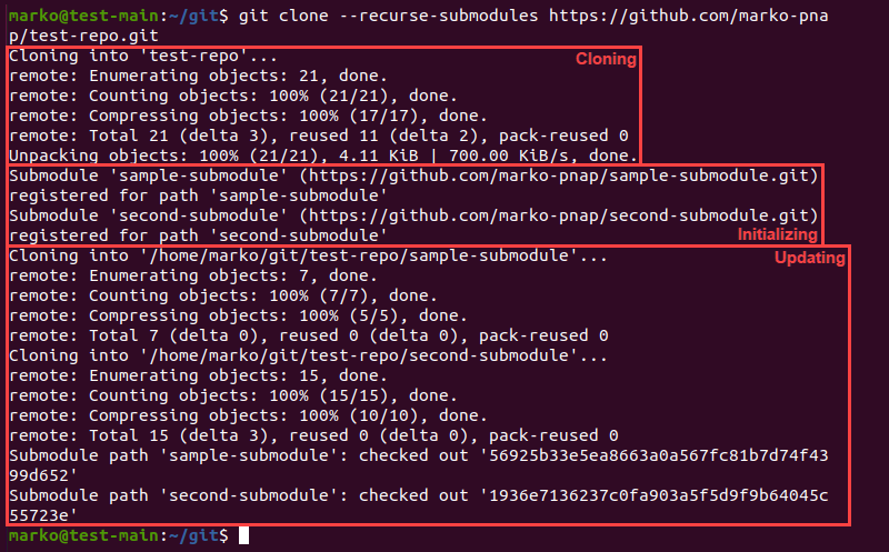 Cloning a Git repository with the --recurse-submodules option.