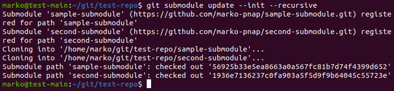 Updating Git submodules with the --init and --recursive options.