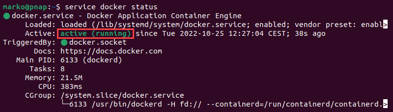 The status output for the Docker service showing that the service is active and running.