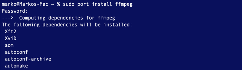 Installing FFmpeg with MacPorts.