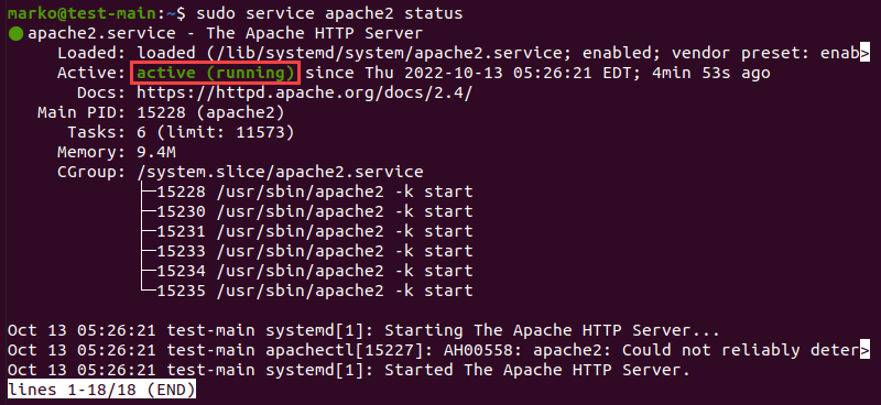 Checking if the Apache service is running in Ubuntu.