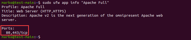 Checking the ports of the Apache Full profile in ufw.