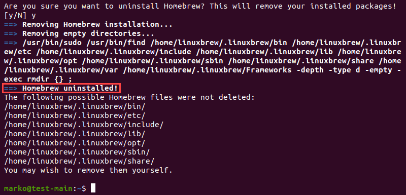 Running the Homebrew uninstall script in Linux.