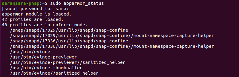 sudo apparmor_status terminal output