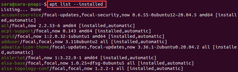 apt list installed terminal output