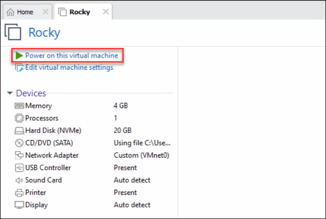 VMware Power on machine Rocky