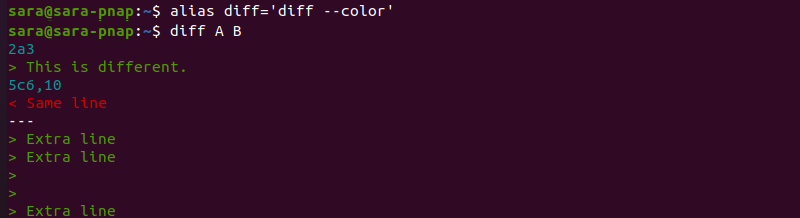 alias diff='diff --color 'terminal output