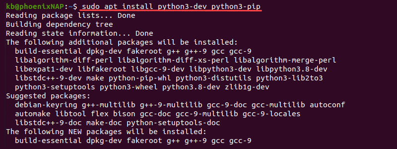 apt install python3-dev and python3-pip terminal output