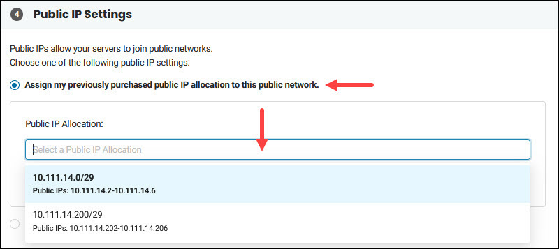 Public IP settings step in the BMC portal.