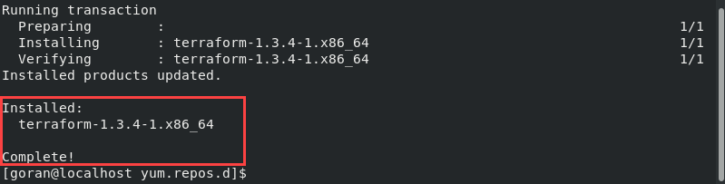 Terraform installed output on CentOS