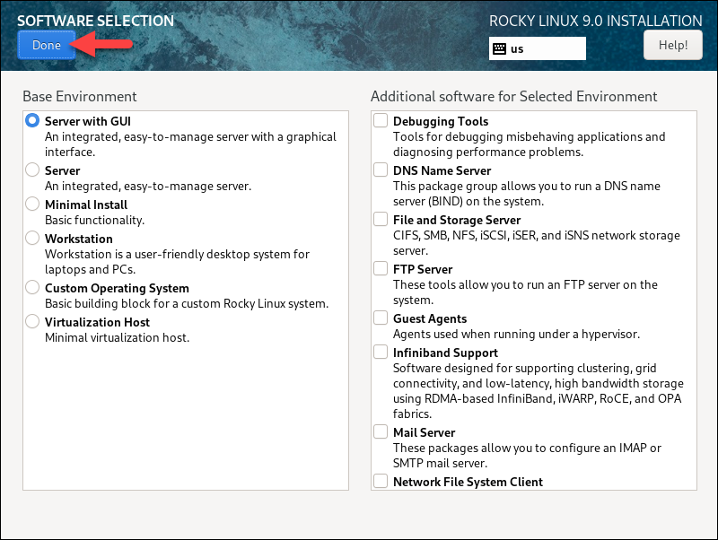 Selecting the Base environment and additional software for installation.