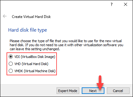 Select virtual hard drive type.