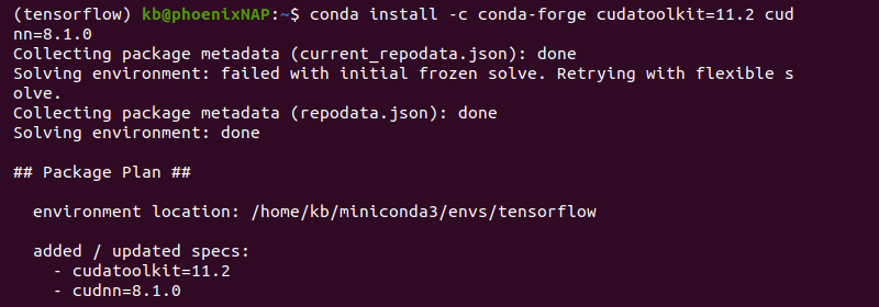 conda install cudatoolkit and cudnn terminal output