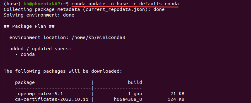 conda update terminal output