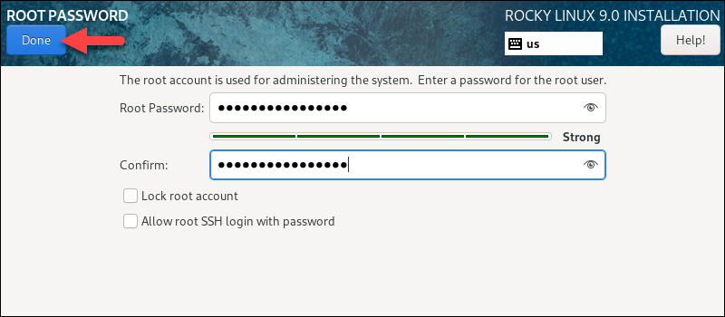 Creating a root password for Rocky Linux.