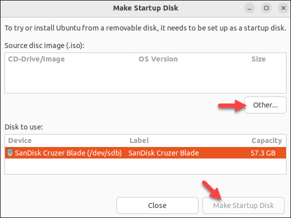 Creating a startup USB drive in Ubuntu.