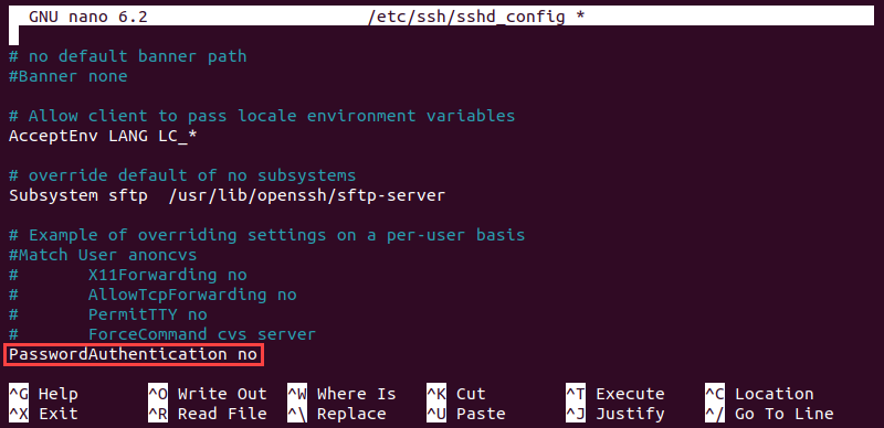 Editing the SSH server configuration file.