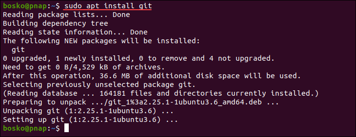 Installing Git on Ubuntu using the apt package manager.