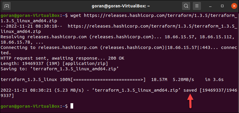 wget tool downloads the terraform file on Linux