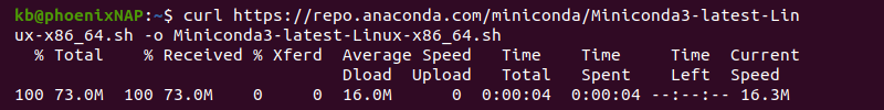 Miniconda curl download terminal output