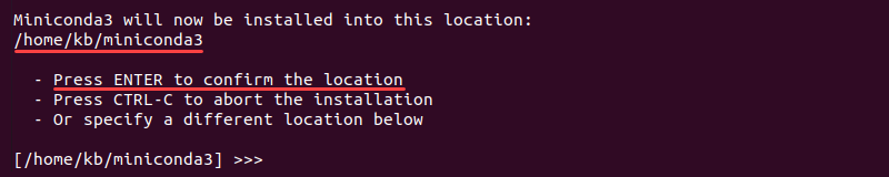 Miniconda location confirm terminal output