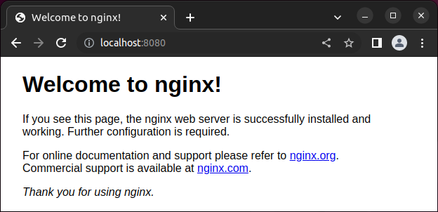 Jendela browser web yang menampilkan halaman pengujian NGINX.