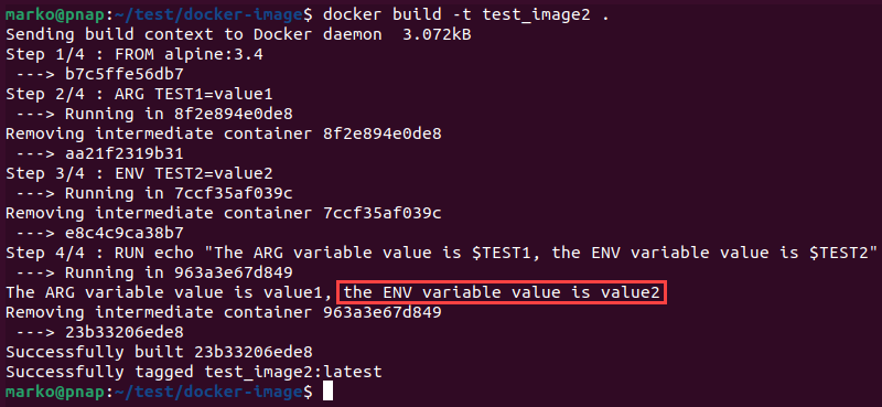 An output showing the successful setting of the ENV variable.