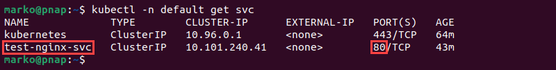 Mencantumkan layanan yang berjalan di namespace default cluster.