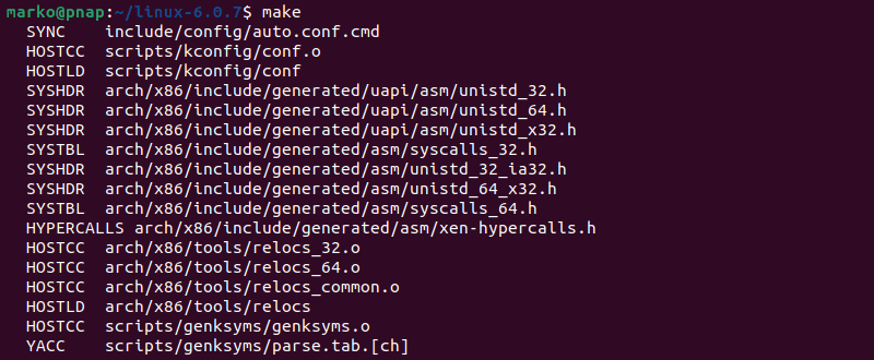 Building a Linux kernel with the make command.