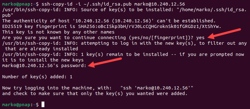 Copying the credentials to the server using the ssh-copy-id command.