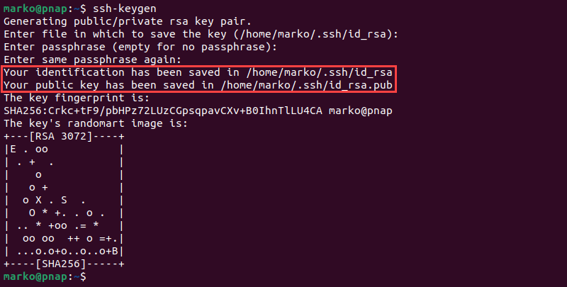 The output of the ssh-keygen command shows that the key pair has been generated successfully.